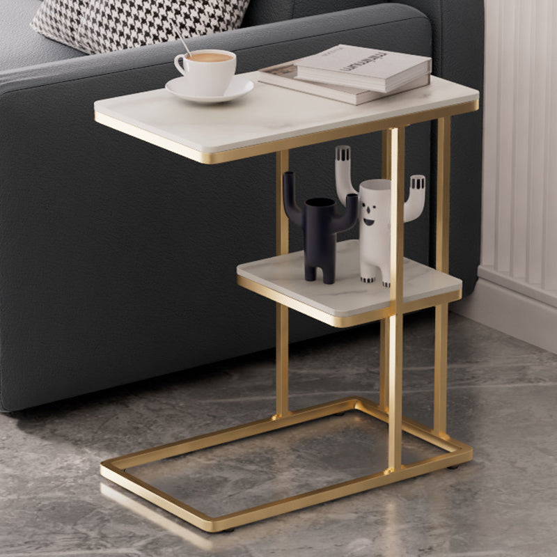 Contemporary Nordic Rectangular Rock Slab Metal End Table 2-Tier For Living Room