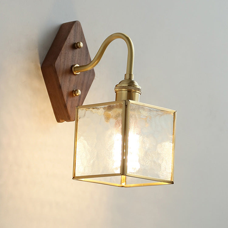 Traditional Vintage Square Copper Glass Wood 1-Light Wall Sconce Lamp For Bedroom