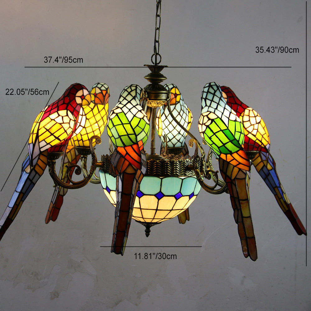 Traditional Tiffany Dome Parrot Alloy Stained Glass 8-Light Chandelier For Living Room