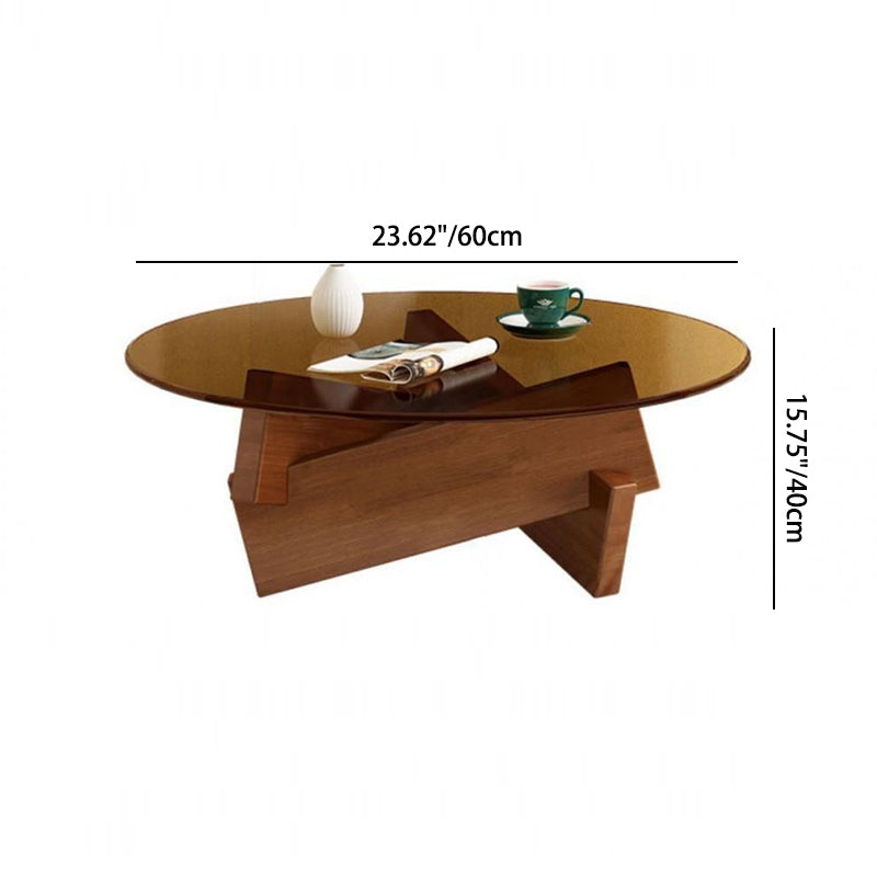 Contemporary Scandinavian Glass Triangular Wooden Base Coffee Table For Living Room