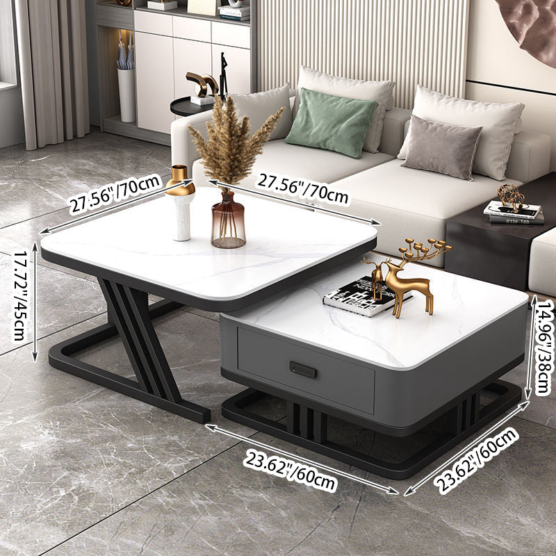 Modern Luxury Board Top Iron Frame Square Nesting Coffee Table Drawer For Living Room