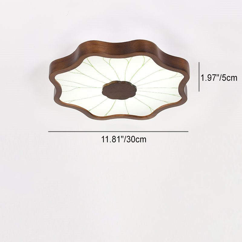 Traditional Chinese Lotus Leaf Wooden Iron Acrylic LED Flush Mount Ceiling Light For Living Room