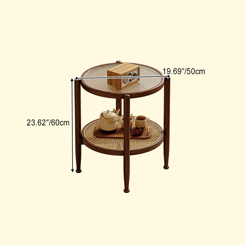 Traditional Japanese Round Glass Rattan Solid Wood End Table 2-Tier For Living Room