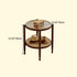 Traditional Japanese Round Glass Rattan Solid Wood End Table 2-Tier For Living Room
