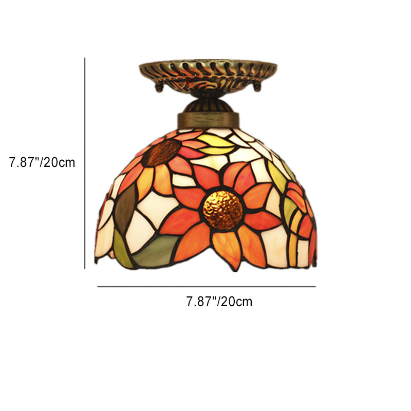 Traditional Tiffany Stained Glass Sunflower Bowl Shape 1-Light Semi-Flush Mount Ceiling Light For Living Room