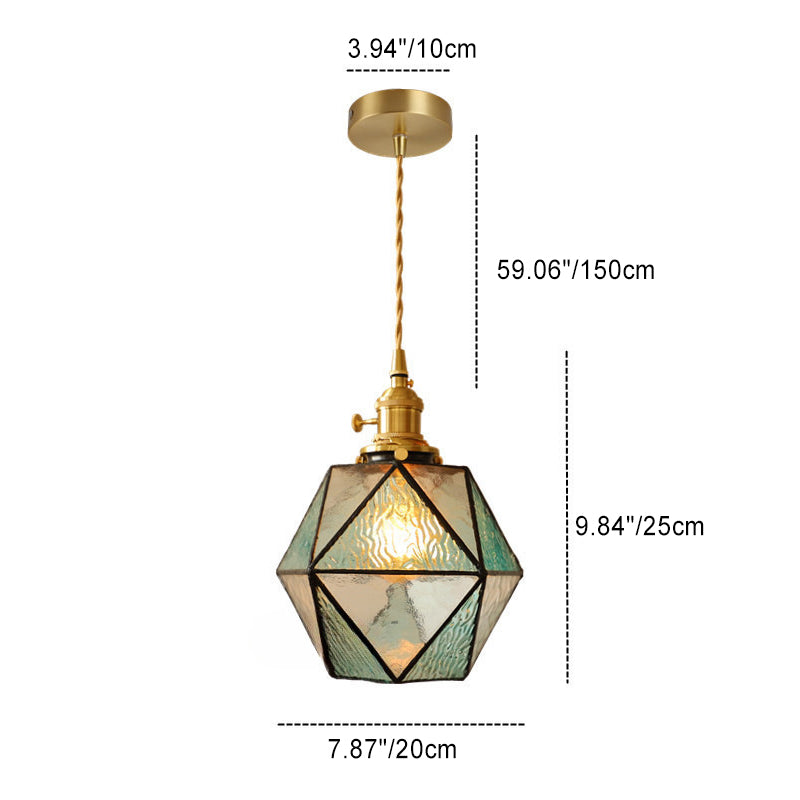 Traditional Vintage Polygonal Brass Glass 1-Light Pendant Light For Living Room