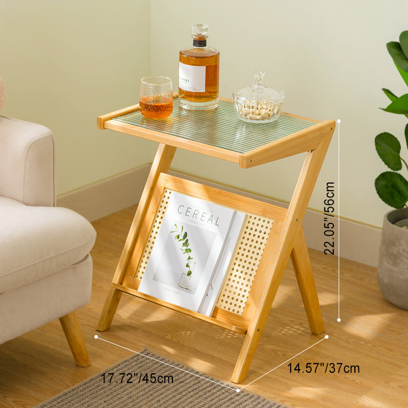 Contemporary Creative Rectangular Geometric Bamboo Glass Side Table 1-Shelf For Living Room