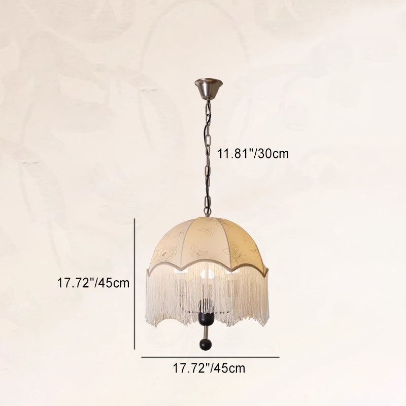 Traditional French Round Tassel Iron Wood Fabric 3-Light Pendant Light For Living Room