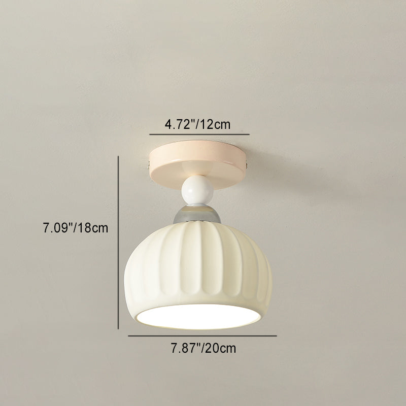 Contemporary Scandinavian Cream Ceramic Geometric Round Shade 1-Light Semi-Flush Mount Ceiling Light For Living Room