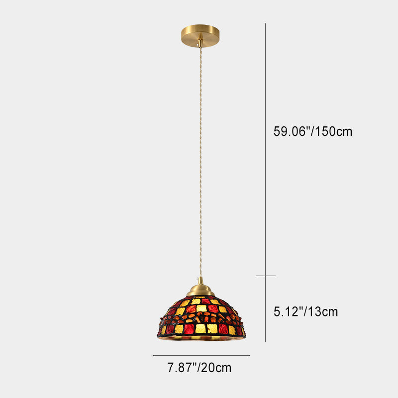 Traditional Japanese Brass Stained Glass Half Round Shell Design 1-Light Pendant Light For Bedroom