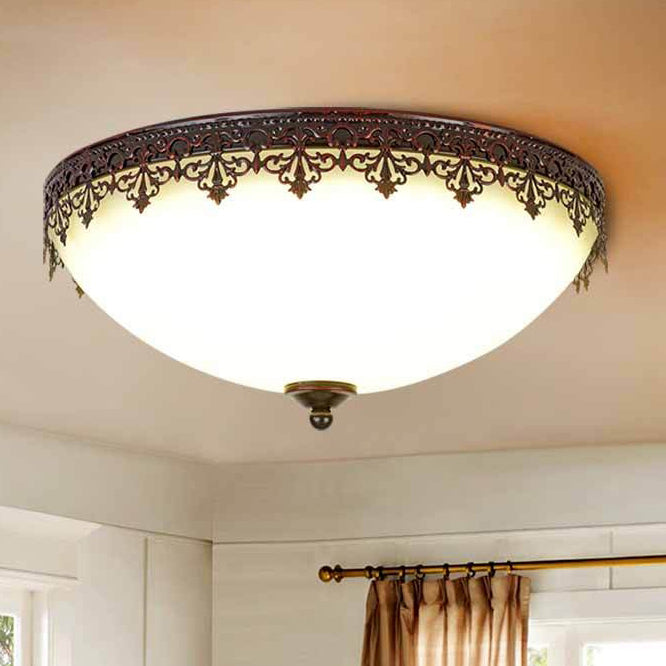 Traditional Vintage Dome Round Iron Glass LED Flush Mount Ceiling Light For Living Room