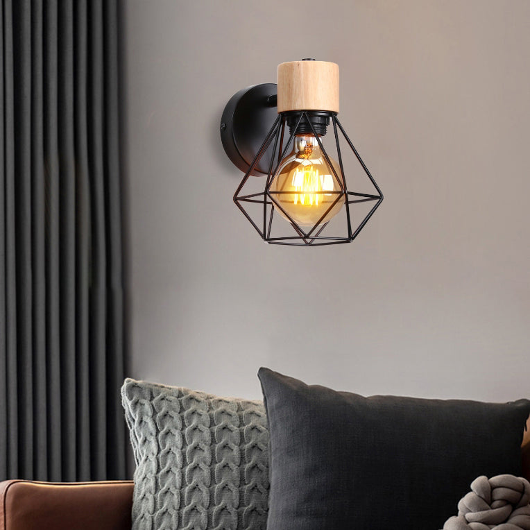 Contemporary Luxury Iron Wood Polygon Diamond 1-Light Wall Sconce Lamp For Bedroom