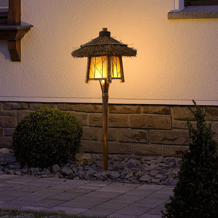 Traditional Rustic Four Corner House Bamboo Steel LED Outdoor Landscape Light For Garden