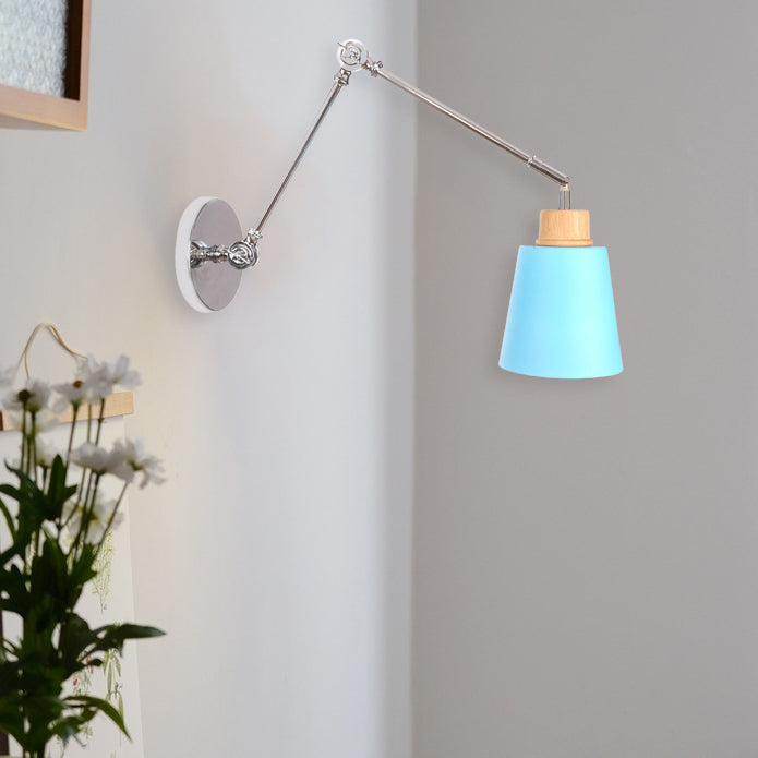 Modern Minimalist Retractable Cylinder Iron Zinc Wood 1-Light Wall Sconce Lamp For Bedroom