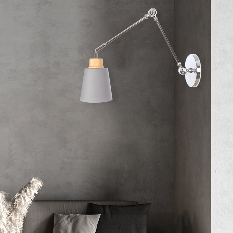 Modern Minimalist Retractable Cylinder Iron Zinc Wood 1-Light Wall Sconce Lamp For Bedroom