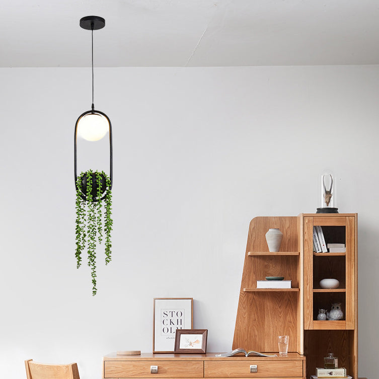 Modern Art Deco Iron Glass Elliptical Simulated Greenery 1-Light Pendant Light For Dining Room