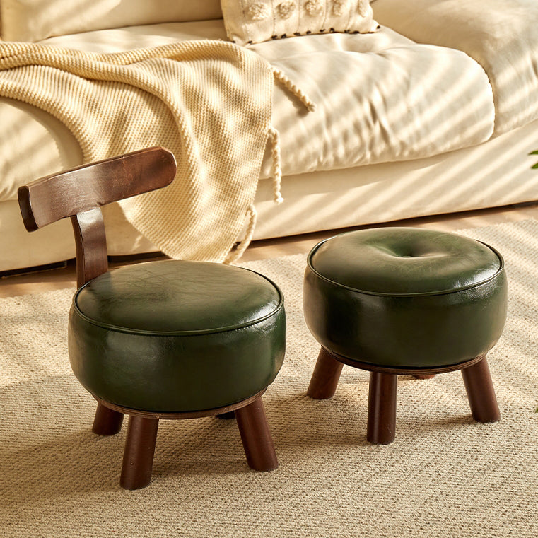 Modern Minimalist Round Bent Leather Solid Wood Footstool Backrest Armless For Living Room