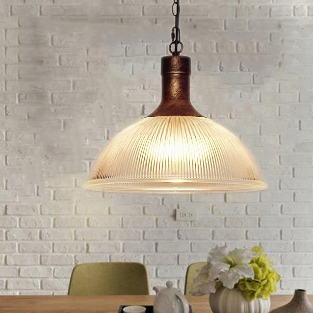 Contemporary Industrial Iron Vertical Ribbed Glass Semicircle 1-Light Pendant Light For Dining Room