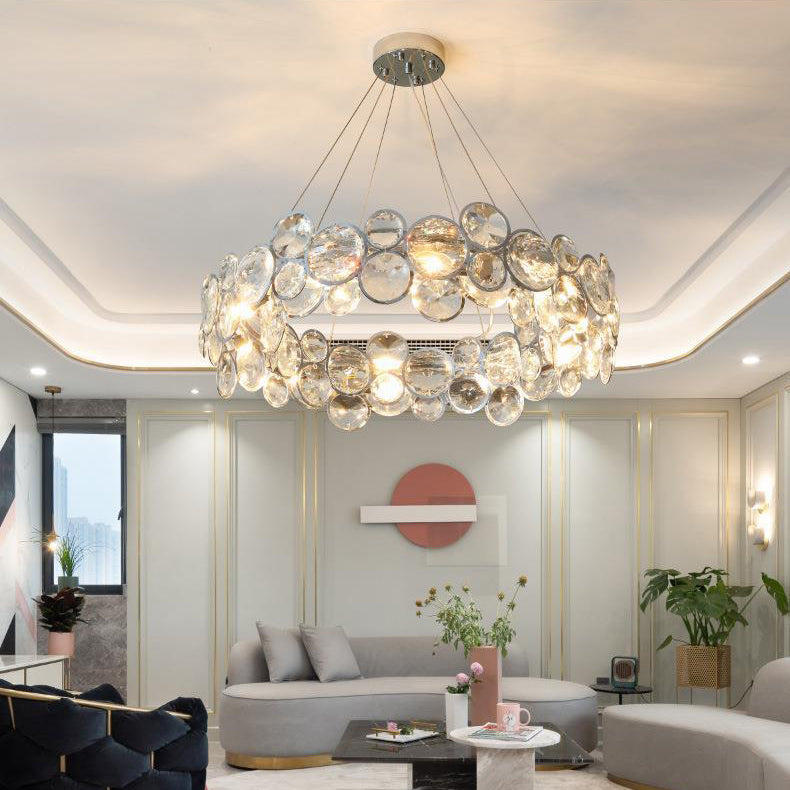 Modern Luxury Tiered Crystal Disc Round Shade Stainless Steel 8/12-Light Chandelier For Living Room