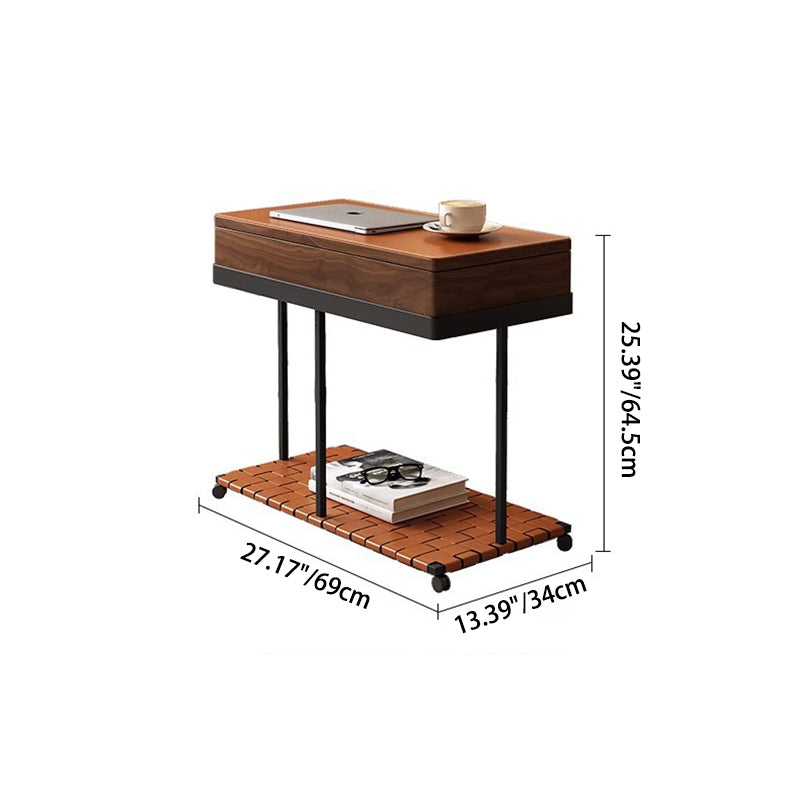 Modern Minimalist Removable Rectangular Iron Leather Solid Wood End Table 1-Storage For Living Room