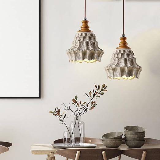 Traditional Vintage Wood Corrugated Concrete Shade 1-Light Pendant Light For Living Room