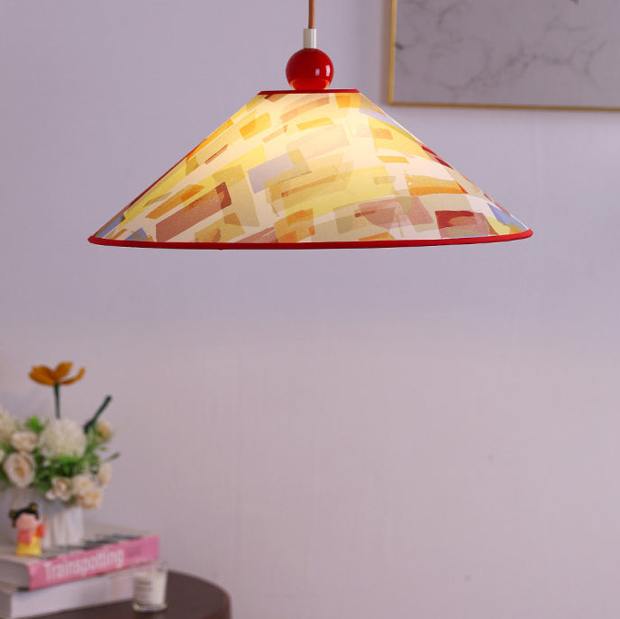 Modern Creative Cone Oil Painting Iron Fabric 1-Light Pendant Light For Living Room