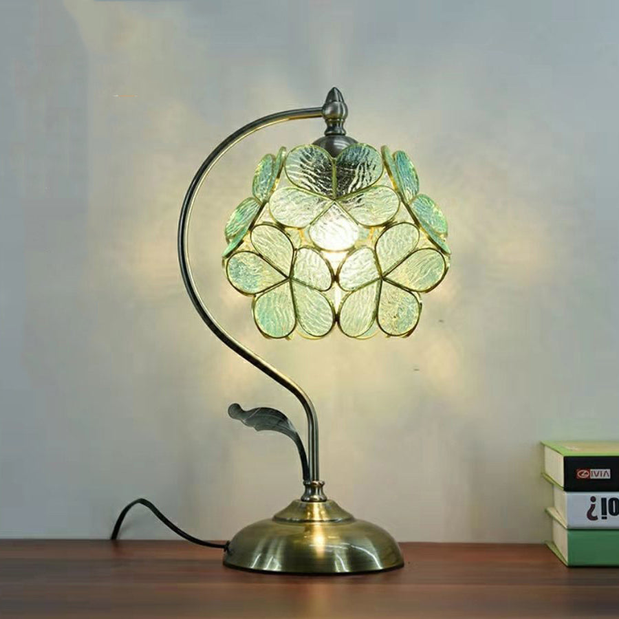 Traditional Vintage Flower Hydrangea Brass Metal Glass 1-Light Table Lamp For Bedroom