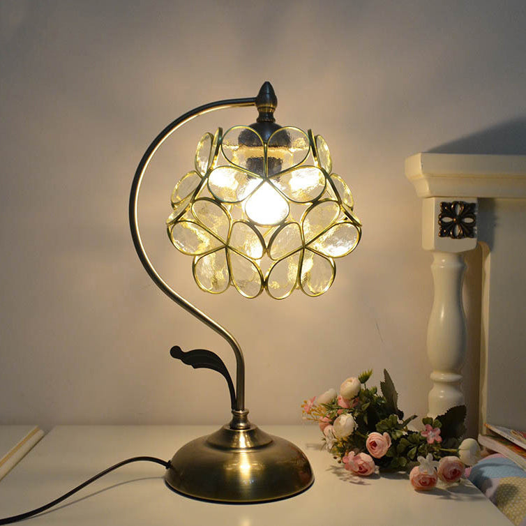 Traditional Vintage Flower Hydrangea Brass Metal Glass 1-Light Table Lamp For Bedroom