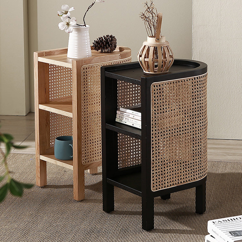 Traditional Japanese Weaving Semicircular Elliptical Rattan Ash Wood Nightstand 2-Storage For Bedside