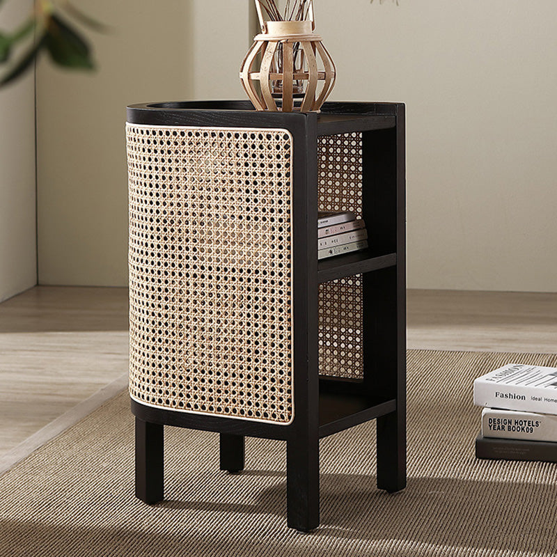 Traditional Japanese Half Oval Wood Rattan Nightstand 3-Tier For Bedroom