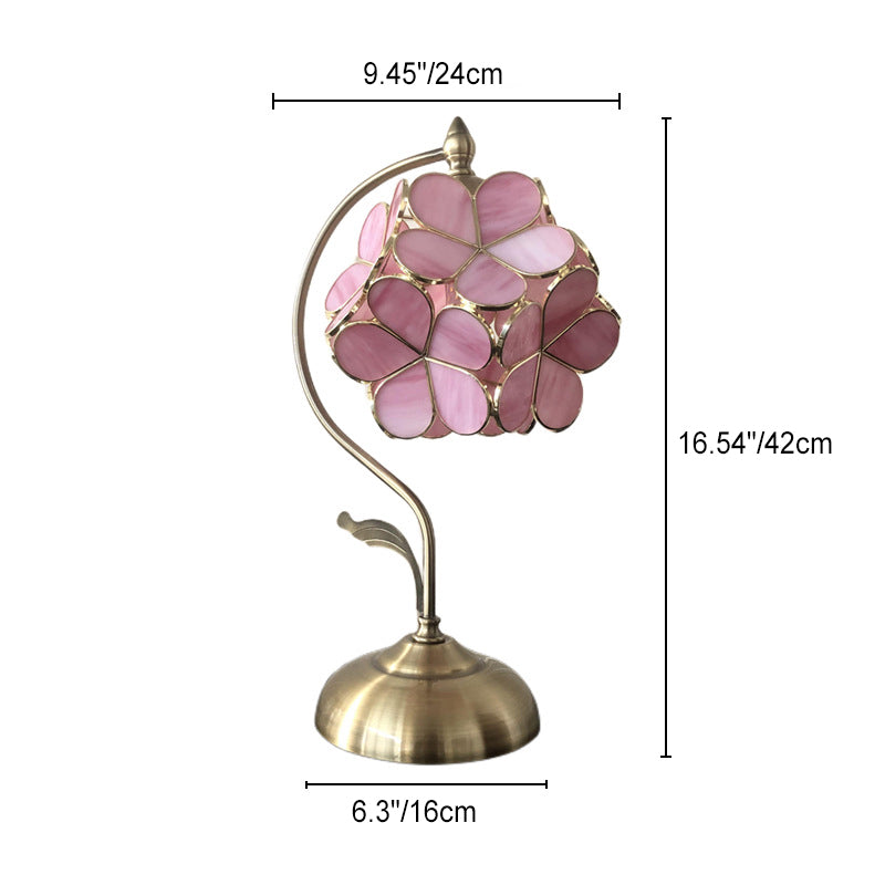 Traditional Vintage Flower Hydrangea Brass Metal Glass 1-Light Table Lamp For Bedroom