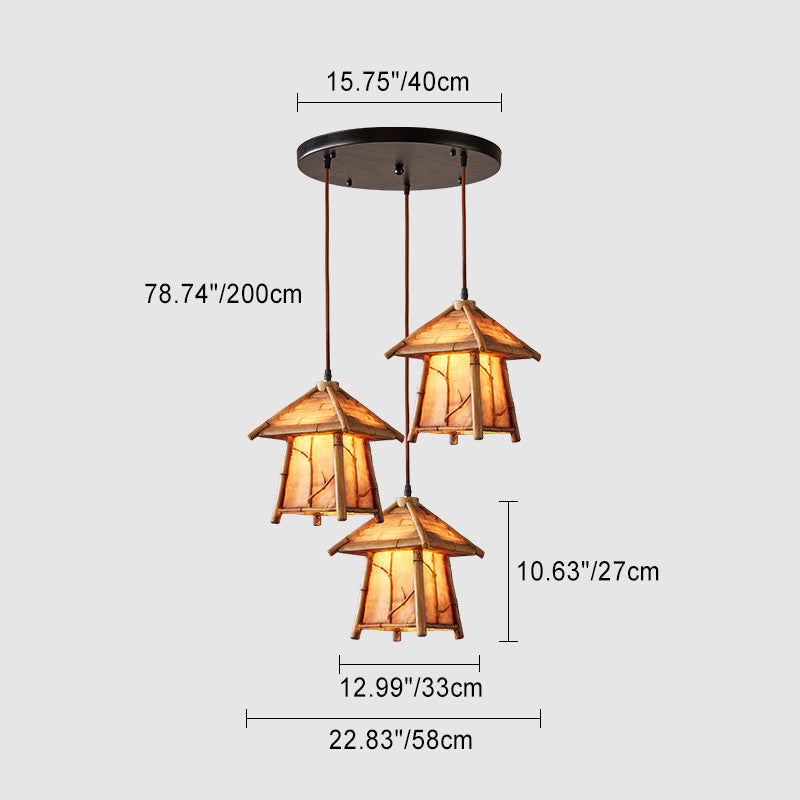 Traditional Japanese Resin Iron Copper House Cylinder 1/3 Light Island Light Chandelier For Dining Room