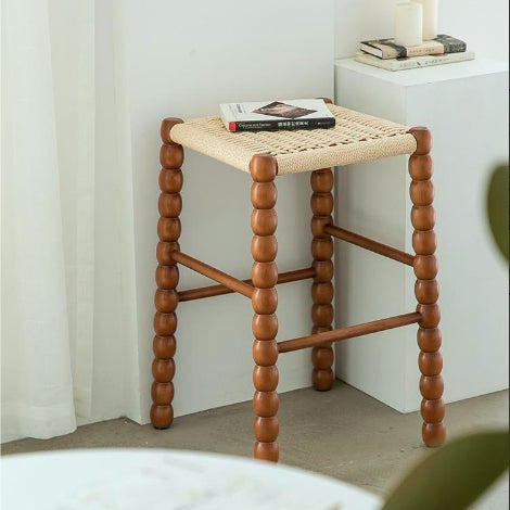 Traditional Vintage Square Woven Gourd Wooden Bar Stool Backless Footrest For Entertainment Room