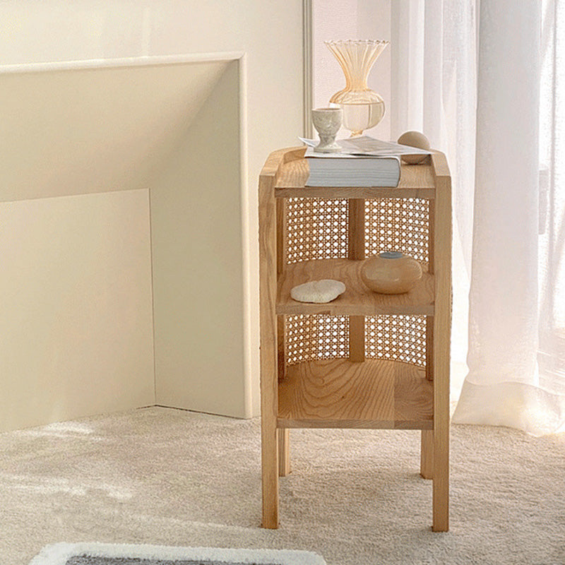 Traditional Japanese Half Oval Wood Rattan Nightstand 3-Tier For Bedroom