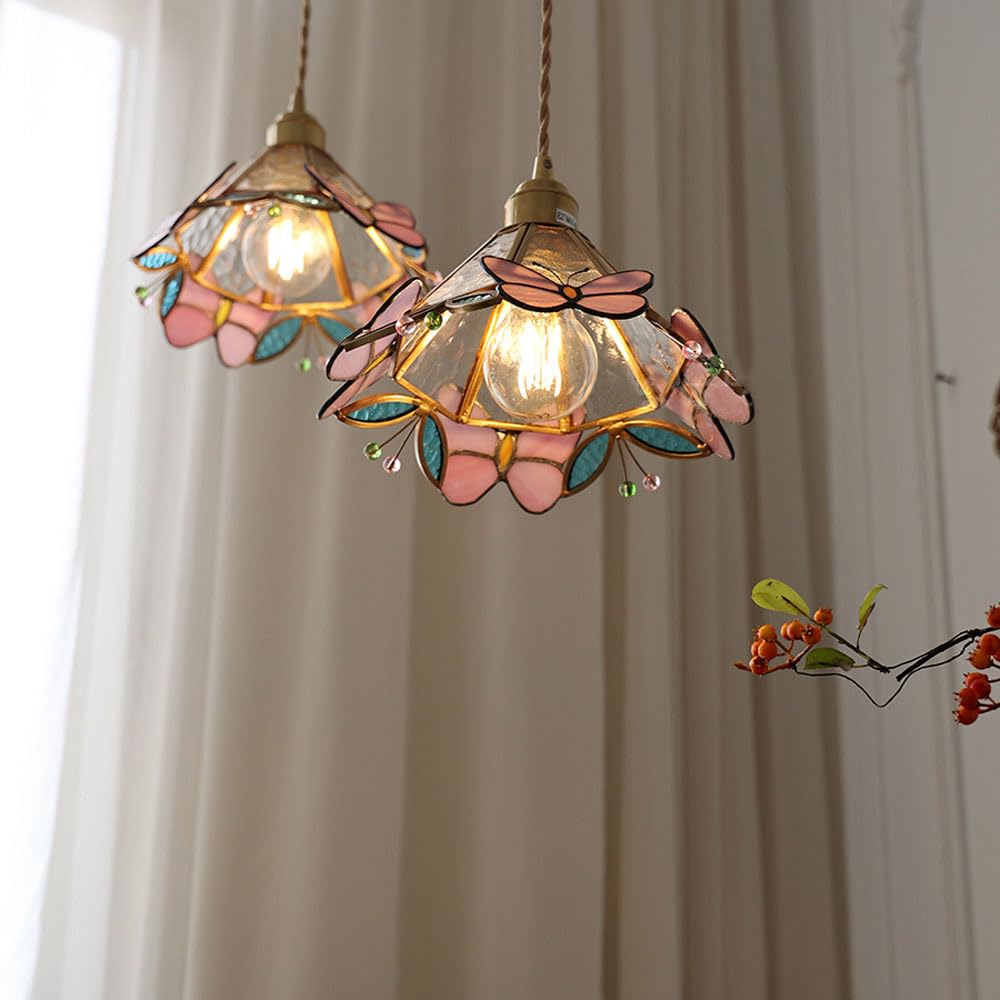 Traditional Vintage Colorful Butterfly Decorative Tapered Glass Shade Brass 1-Light Pendant Light For Bedroom