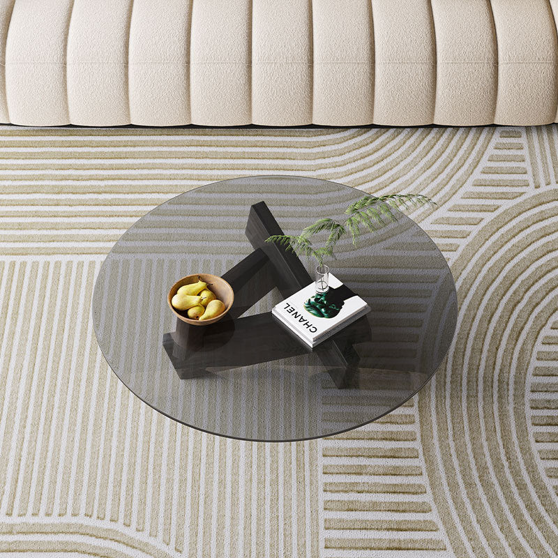 Modern Minimalist Solid Wood Plywood & Tempered Glass Round Mortise Base Coffee Table For Living Room