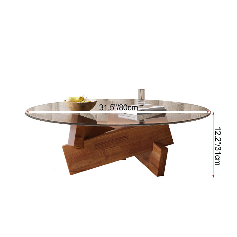 Modern Minimalist Solid Wood Plywood & Tempered Glass Round Mortise Base Coffee Table For Living Room