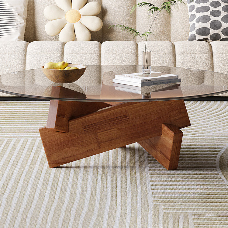 Modern Minimalist Solid Wood Plywood & Tempered Glass Round Mortise Base Coffee Table For Living Room