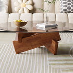 Modern Minimalist Solid Wood Plywood & Tempered Glass Round Mortise Base Coffee Table For Living Room