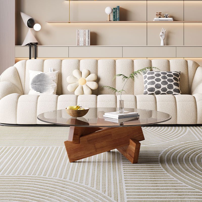 Modern Minimalist Solid Wood Plywood & Tempered Glass Round Mortise Base Coffee Table For Living Room
