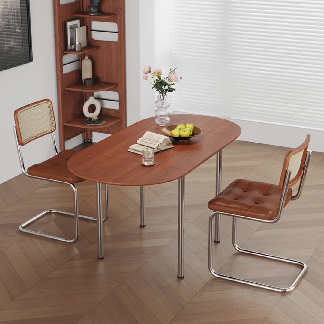 Modern Minimalist Foldable Oval Melamine Faced Board Wood Stainless Steel Dining Table For 4 Seats