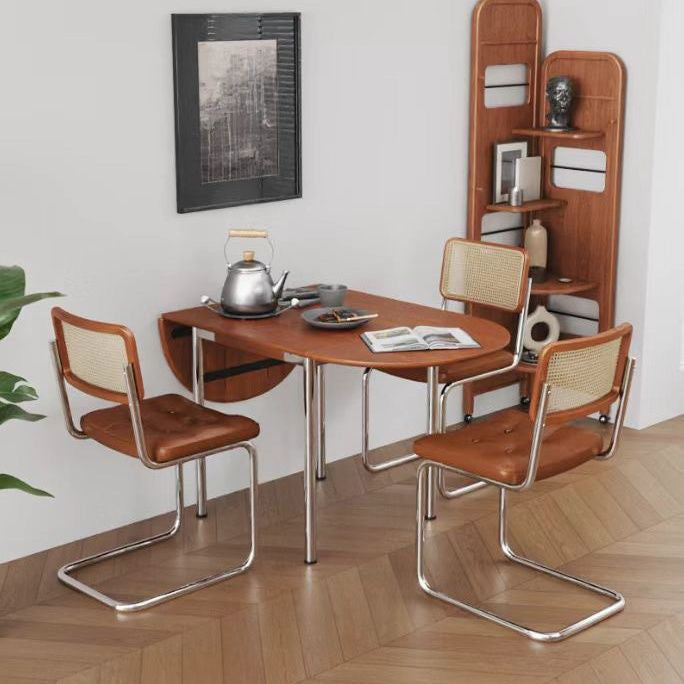 Modern Minimalist Foldable Oval Melamine Faced Board Wood Stainless Steel Dining Table For 4 Seats