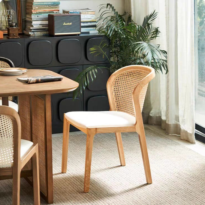 Contemporary Boho Rattan Leather Wood Dining Chair Backrest Armless For Dining Room