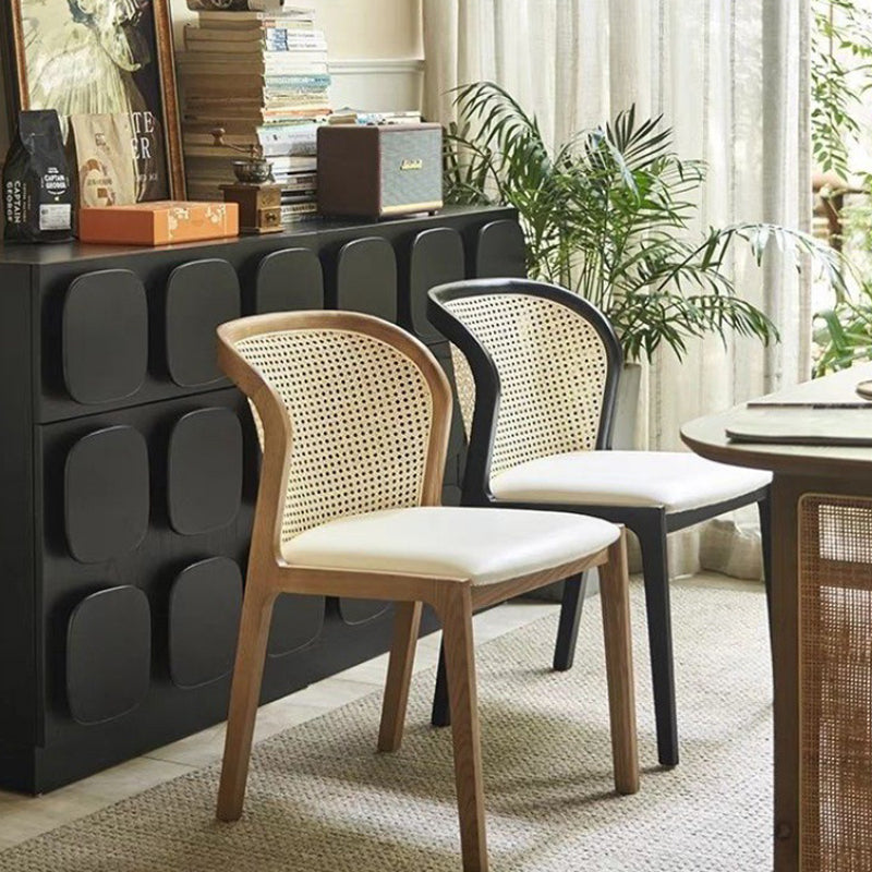 Contemporary Boho Rattan Leather Wood Dining Chair Backrest Armless For Dining Room