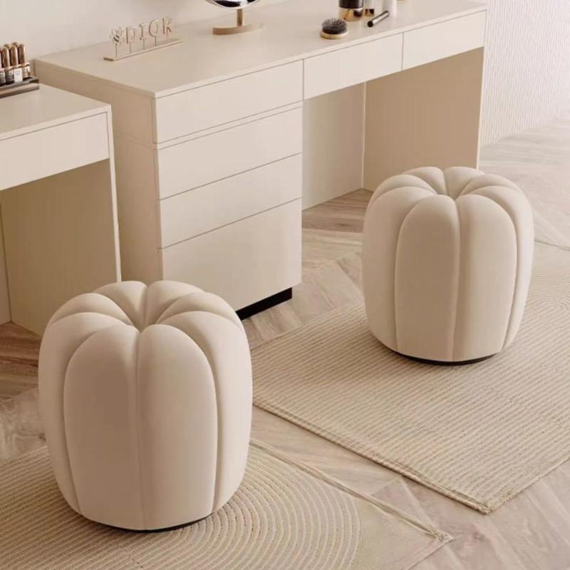 Contemporary Scandinavian Pumpkin Shape Flannelette Solid Wood Vanity Stool Backless Armless For Bedroom