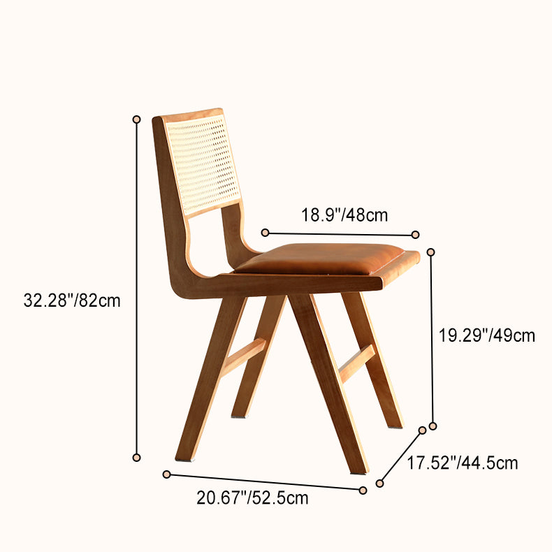 Contemporary Retro Leather Rubber Wood Rattan Dining Chair Backrest Armless For Dining Room