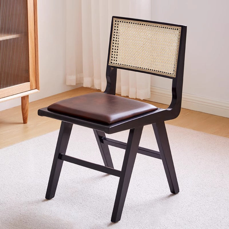 Contemporary Retro Leather Rubber Wood Rattan Dining Chair Backrest Armless For Dining Room