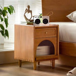 Contemporary Retro Cubic Square Cherry Wood Nightstand 1 - Drawer For Bedside