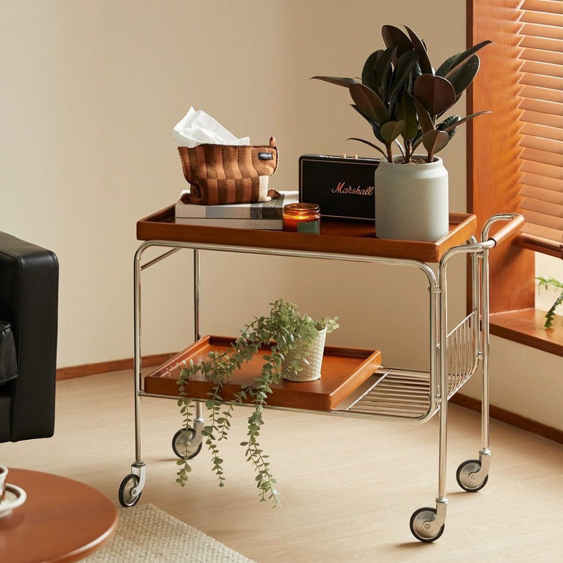 Contemporary Nordic Wood Iron Side Table 4 - Wheel For Living Room