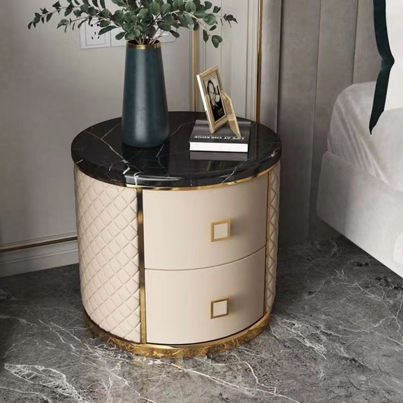 Contemporary Nordic Round Medium Density Fiberboard Marble Nightstand 2 - Drawer For Bedside